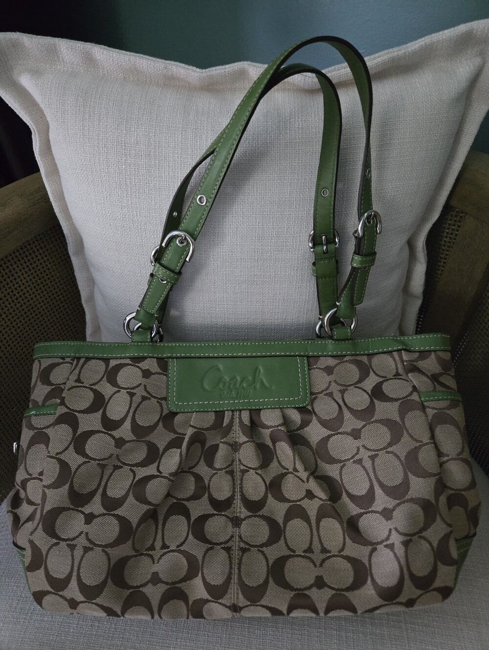 Coach Gallery Tote with Green Trim-Great Condition